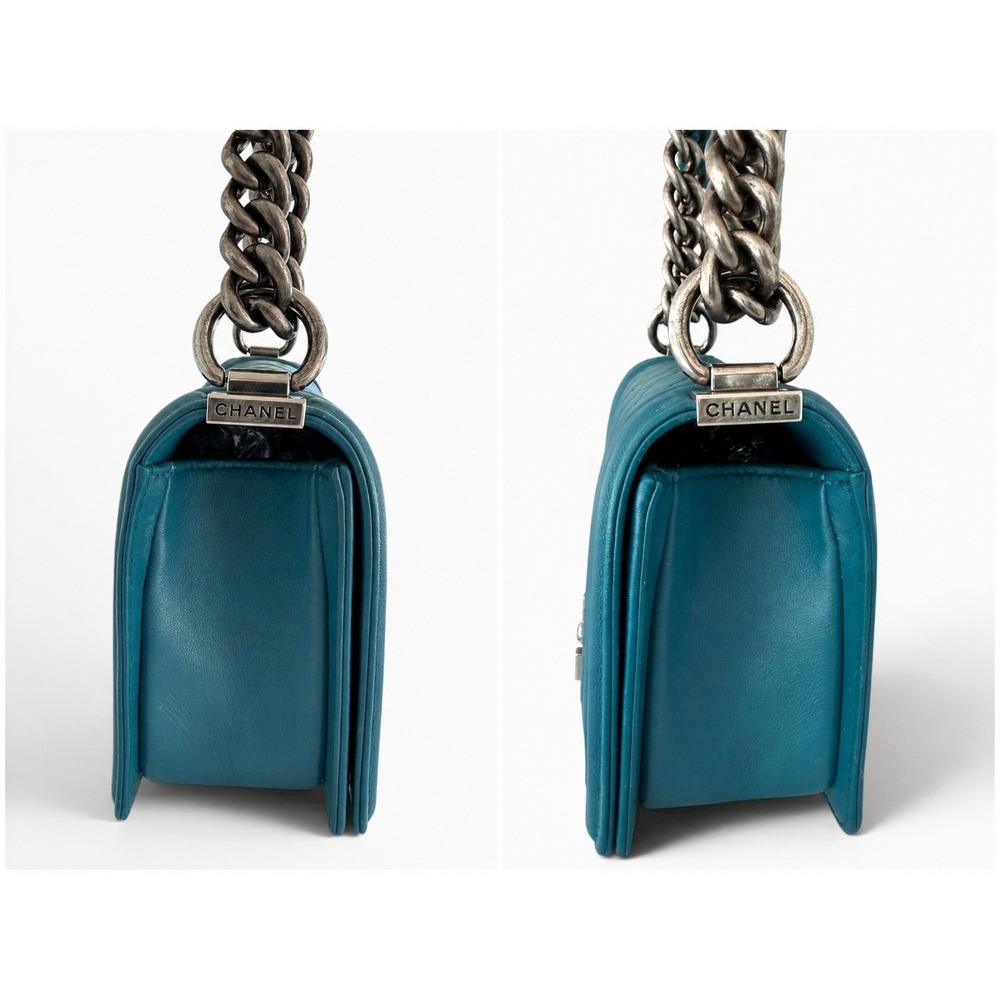 Chanel Boy Bag Small Teal Quilted Leather Ruthenium Chain Flap Crossbody - Picture 6 of 15